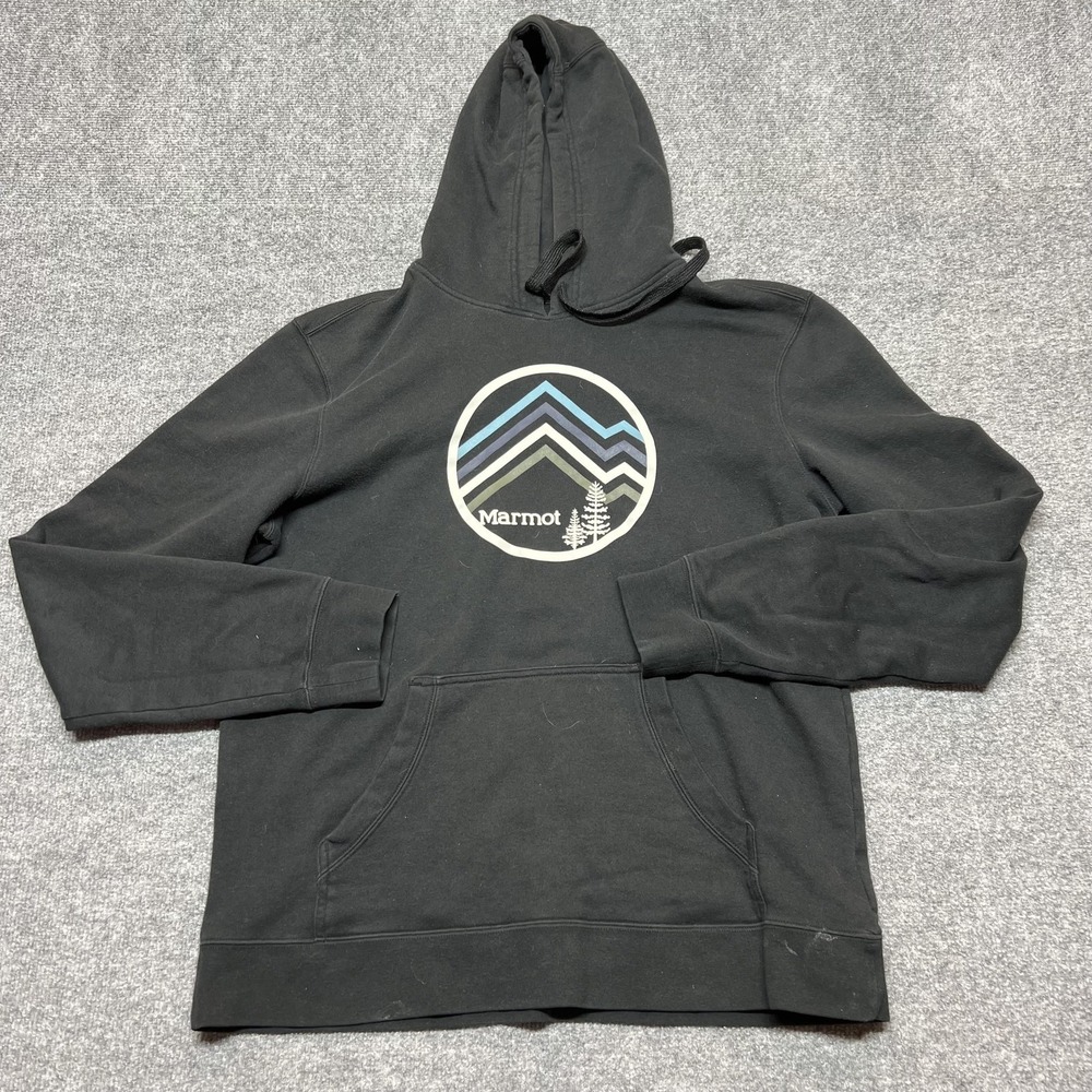 Marmot Hoodie Mens Large Black Graphic Pullover Fleece Sweatshirt Logo Mountain